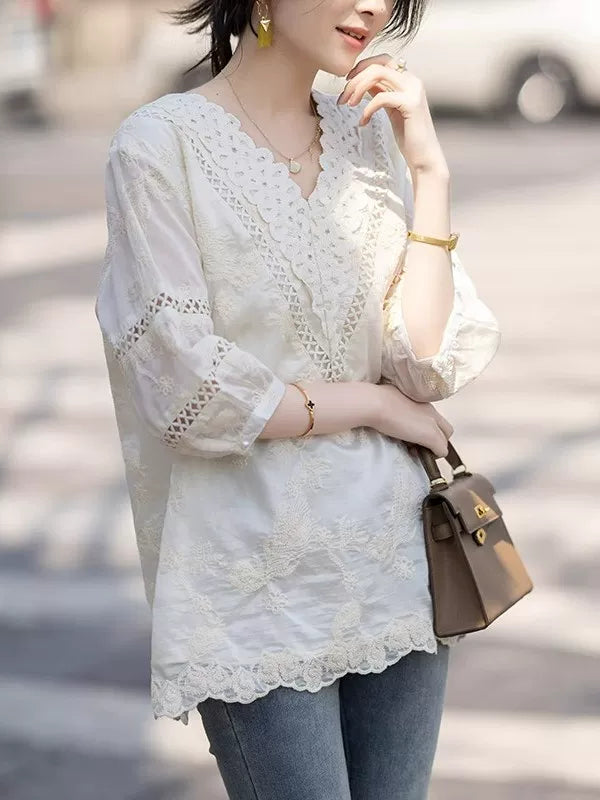 Apricot V-Neck Top with Embroidered Cutouts