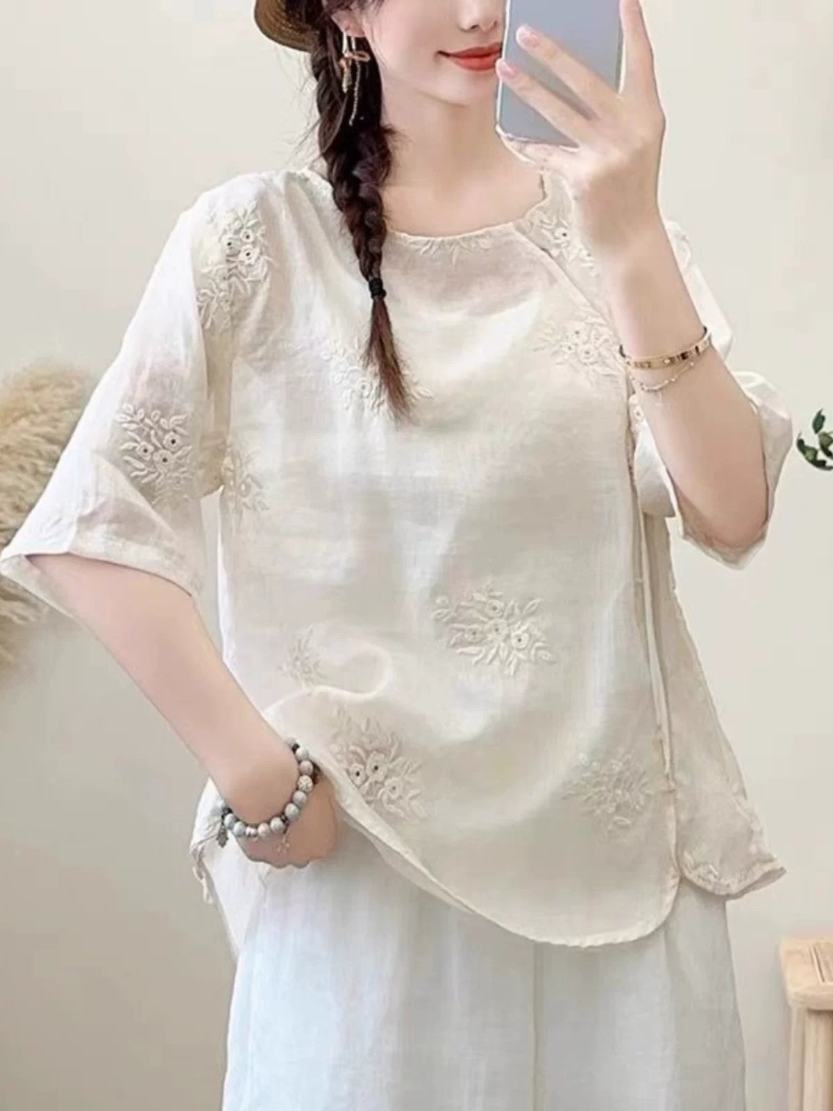 Embroidered Three Quarter Sleeve Shirt, Cotton Linen