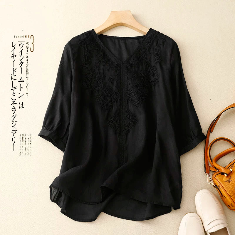 Embroidered Cotton Linen Three Quarter Sleeve Shirt