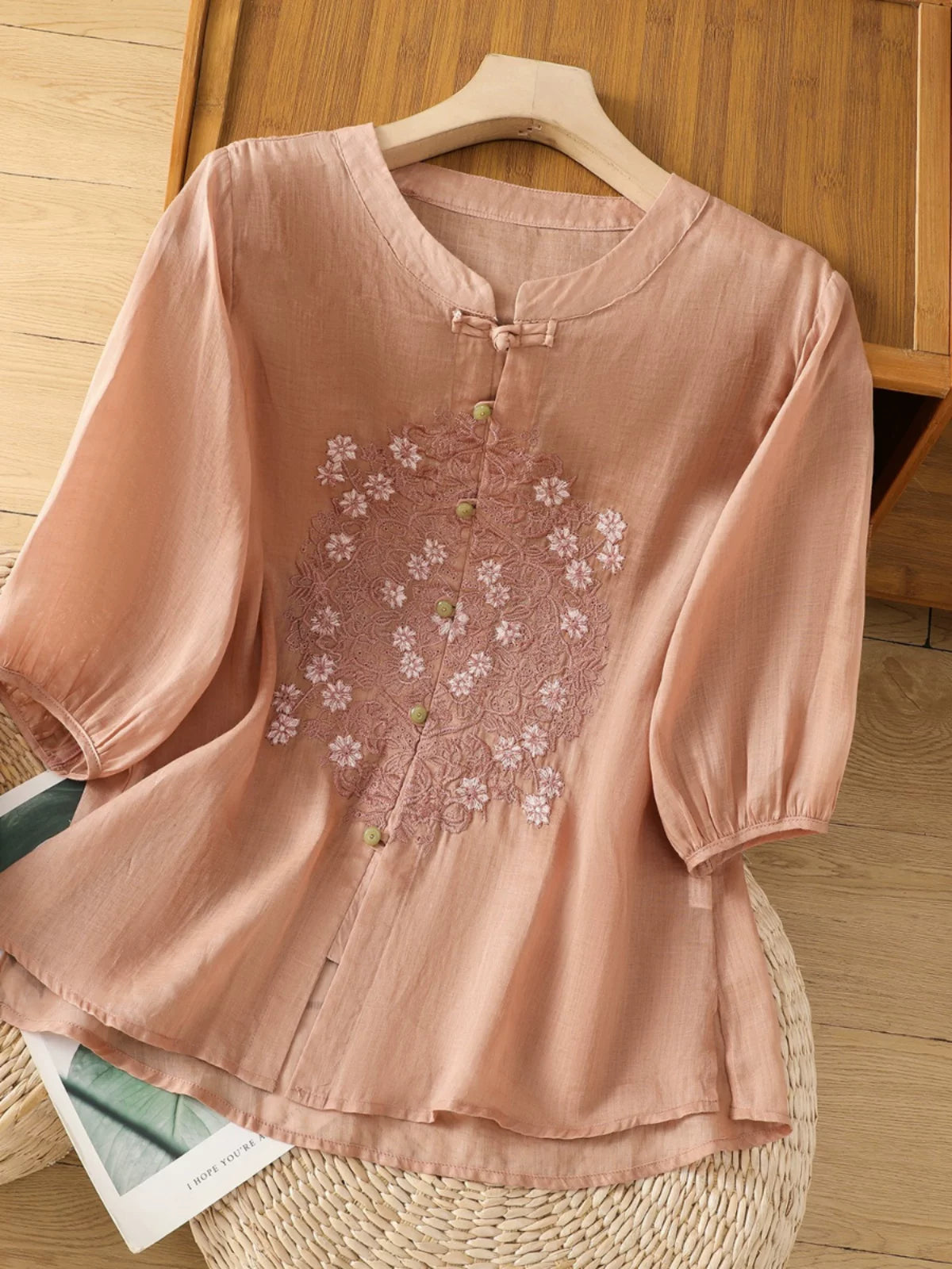 Cotton-Linen Blouse with Floral Lace Embroidery