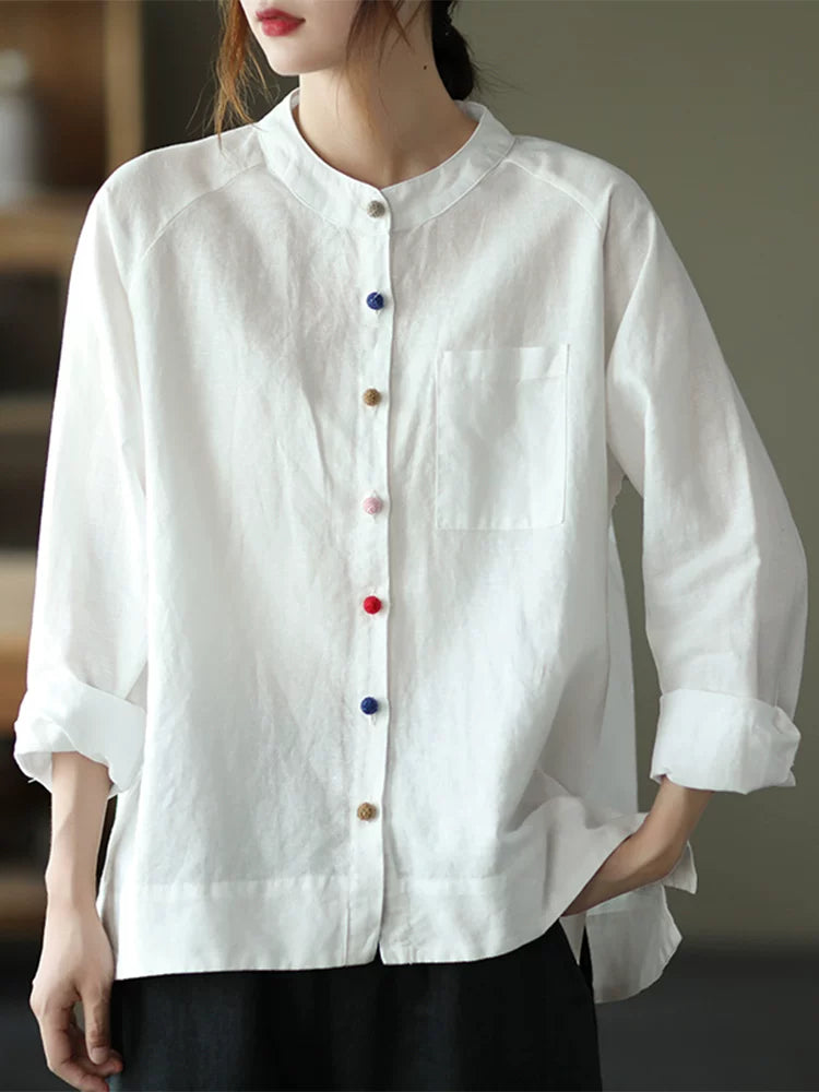 Cotton Linen Small Stand Collar Three Quarter Sleeve Shirt