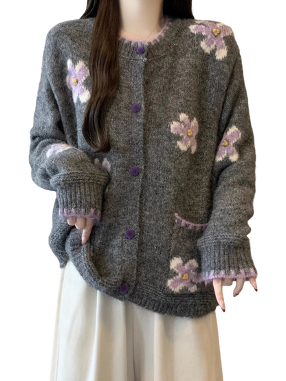 Gray Floral Embroidered Knit Cardigan Sweater