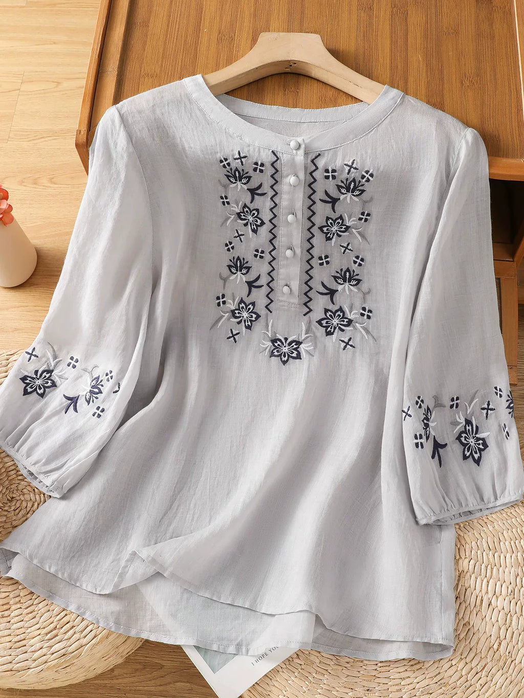 Embroidered Blouse with Elbow-Length Sleeves