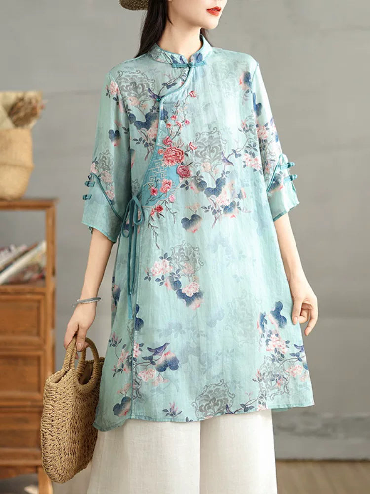 Relaxed Floral Tunic with Embroidered Panel & Tie Detail