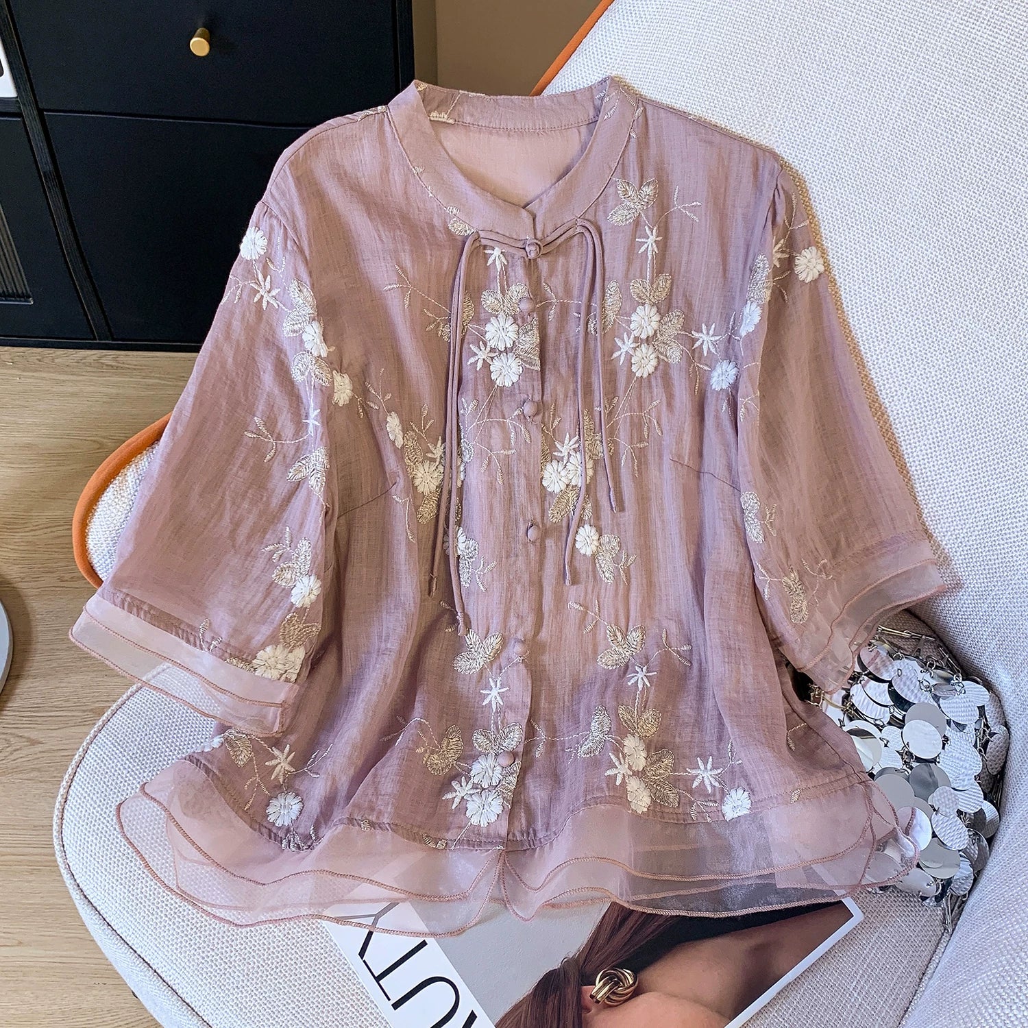 Embroidered Top with Organza Overlay & Button Front