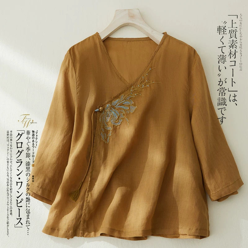 Embroidered V-Neck Top with Asymmetrical Tie Detail