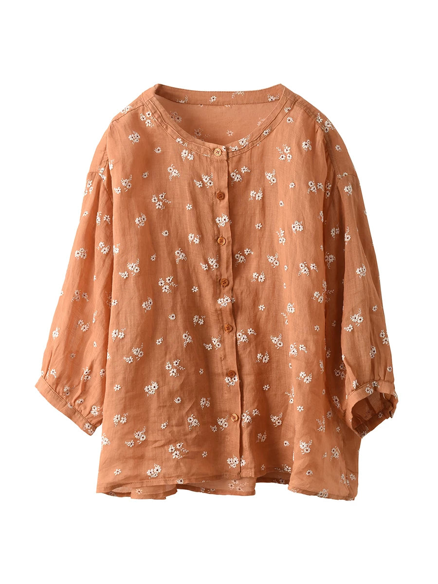 100% Ramie Floral Embroidered Blouse