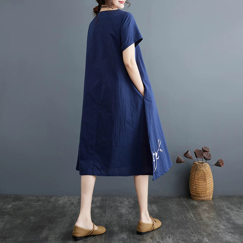 Embroidered Phoenix Short Sleeve Midi Dress
