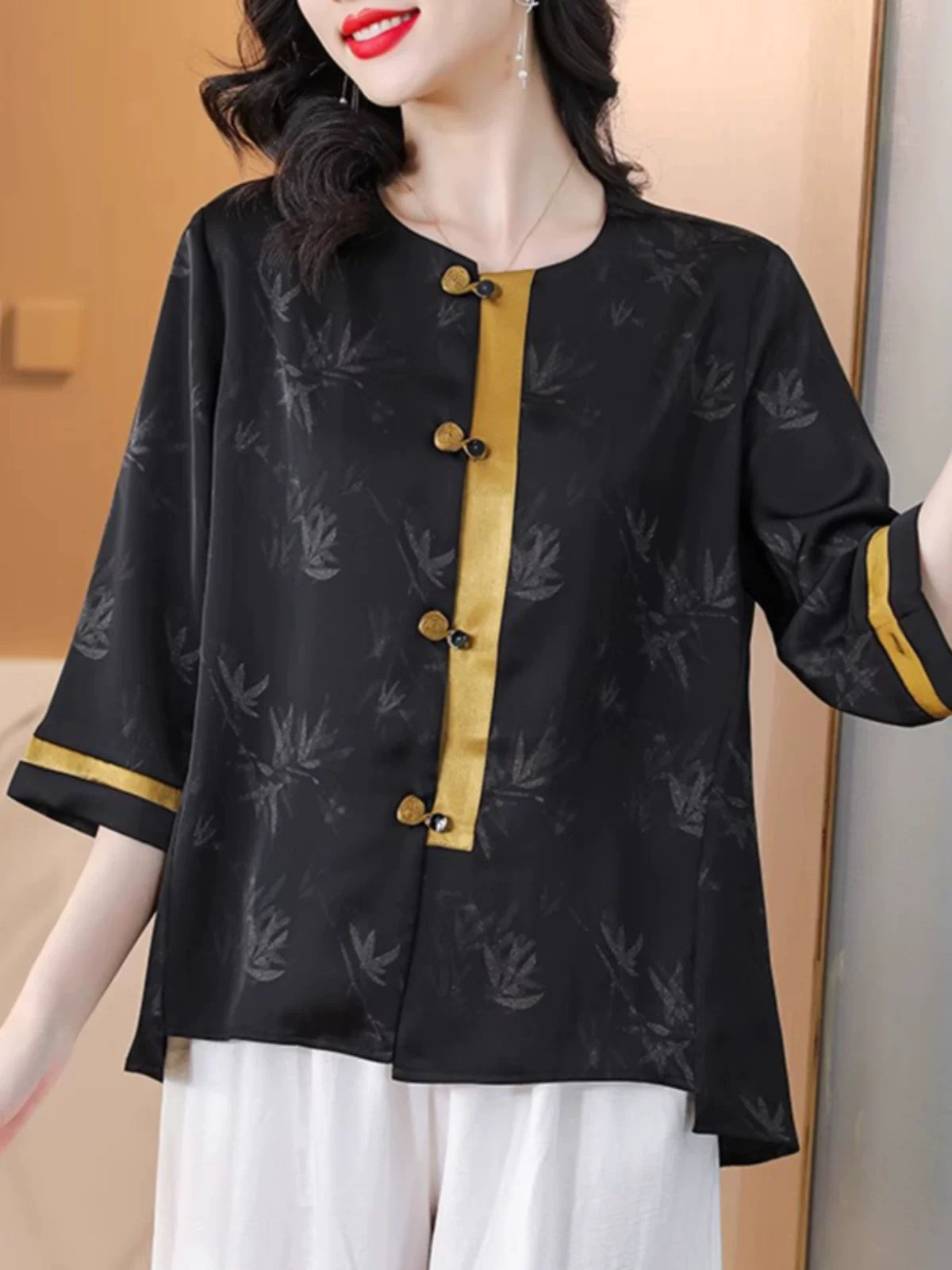 Black Silky-Feel Button Top with Bamboo Jacquard