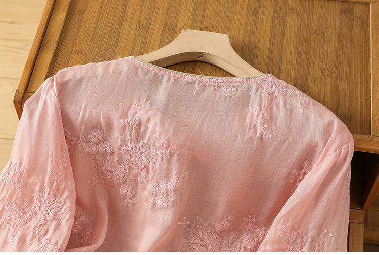 Embroidered Cotton Linen Three Quarter Sleeve Shirt