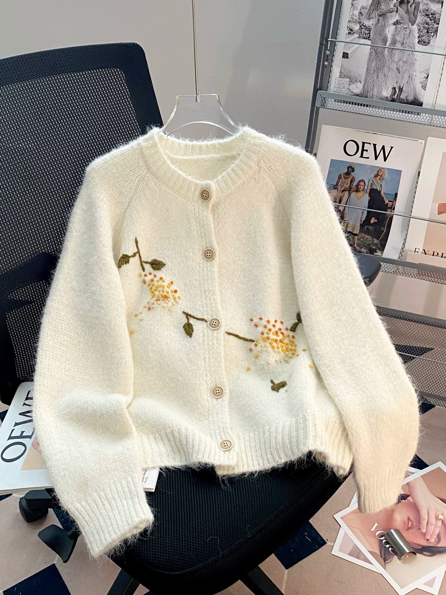Hand-Embroidered Floral Fuzzy Knit Cardigan