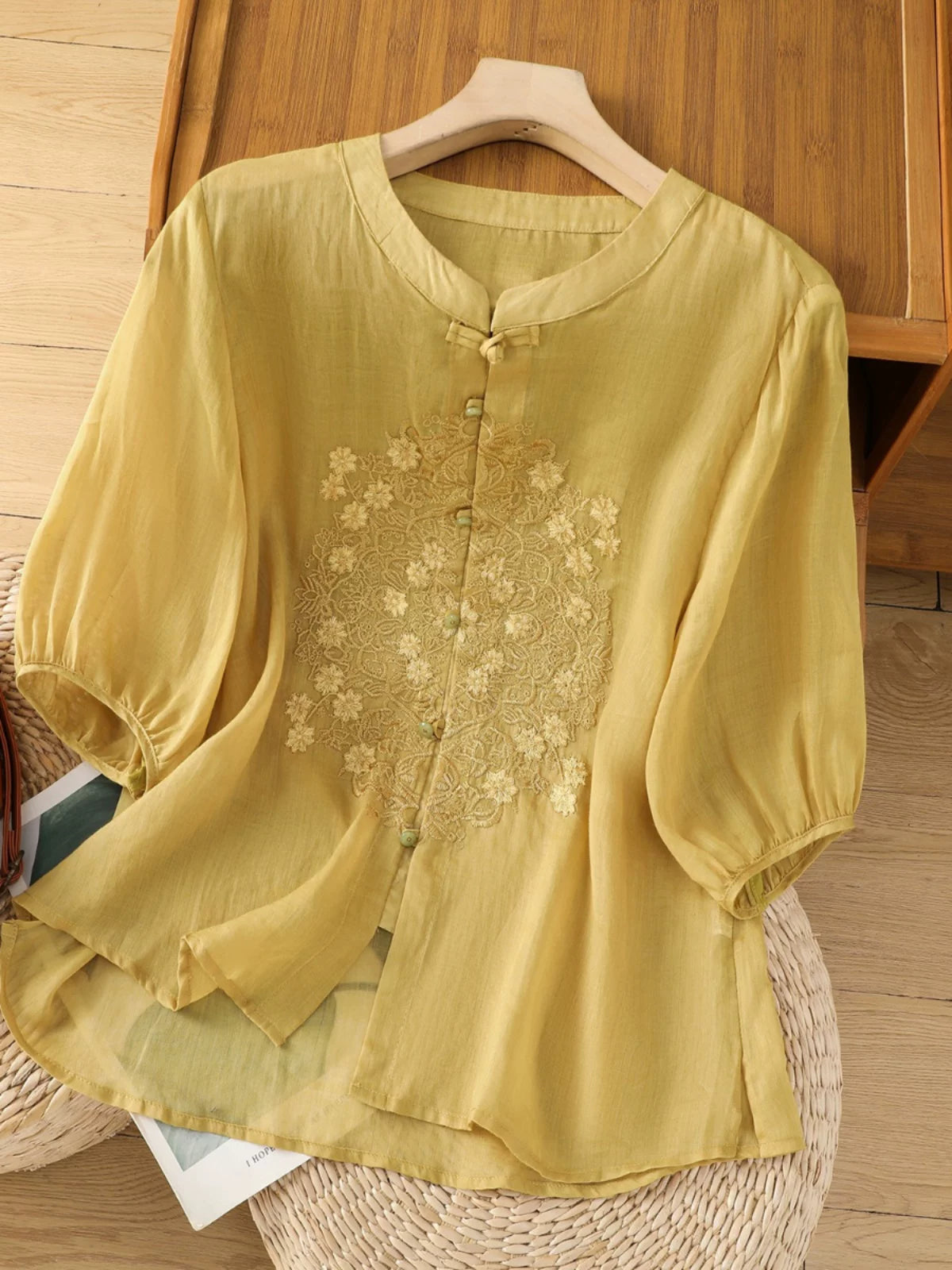 Cotton-Linen Blouse with Floral Lace Embroidery