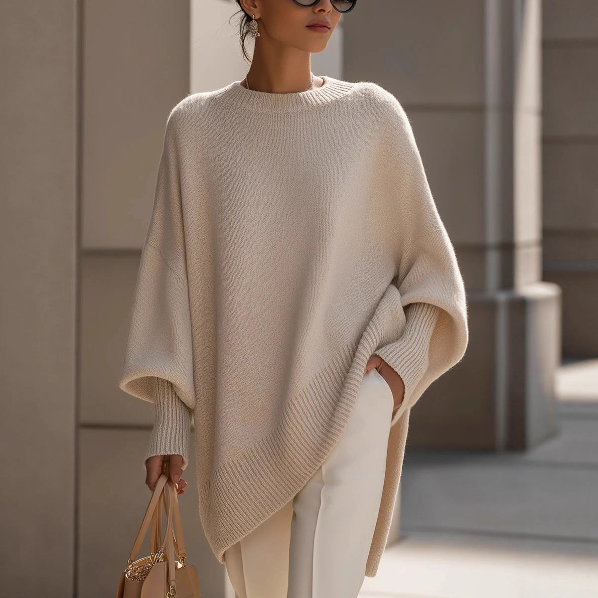 Oversized Knit Sweater with Asymmetrical Hem