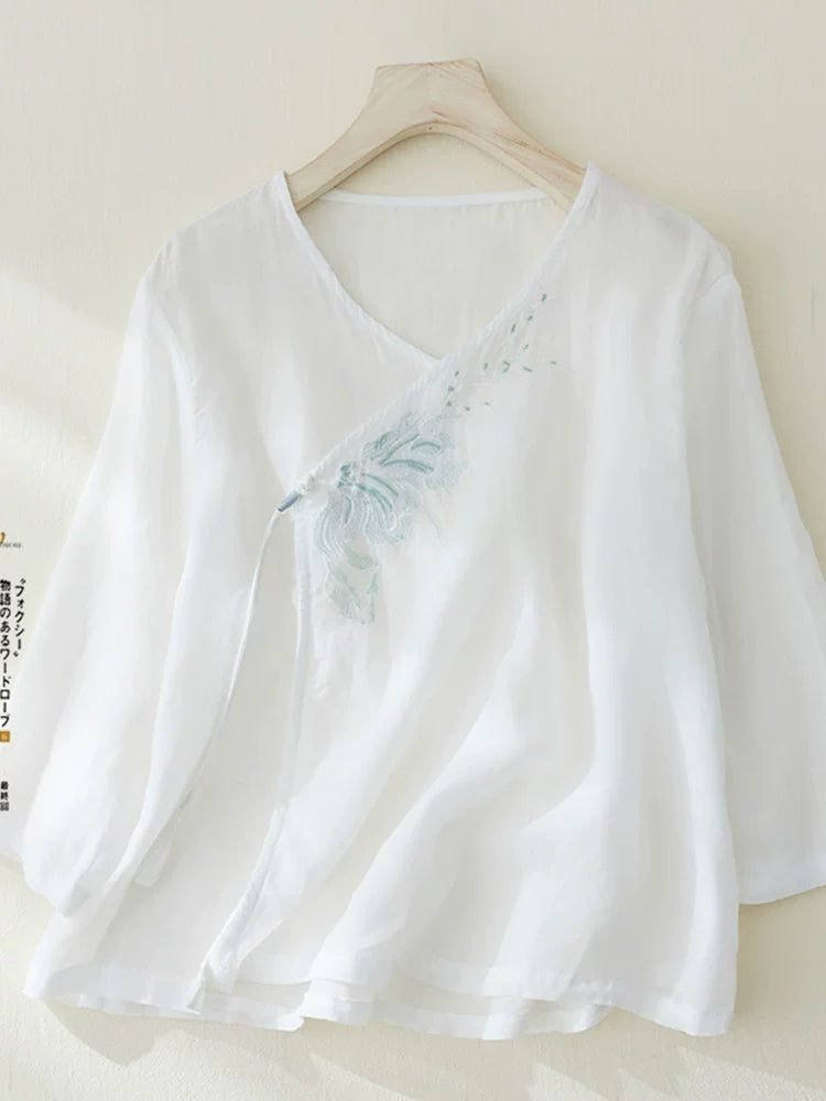 Embroidered V-Neck Top with Asymmetrical Tie Detail