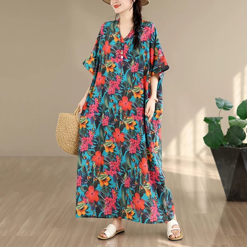 Floral Tie-Dye V-Neck Maxi Dress - Relaxed Fit