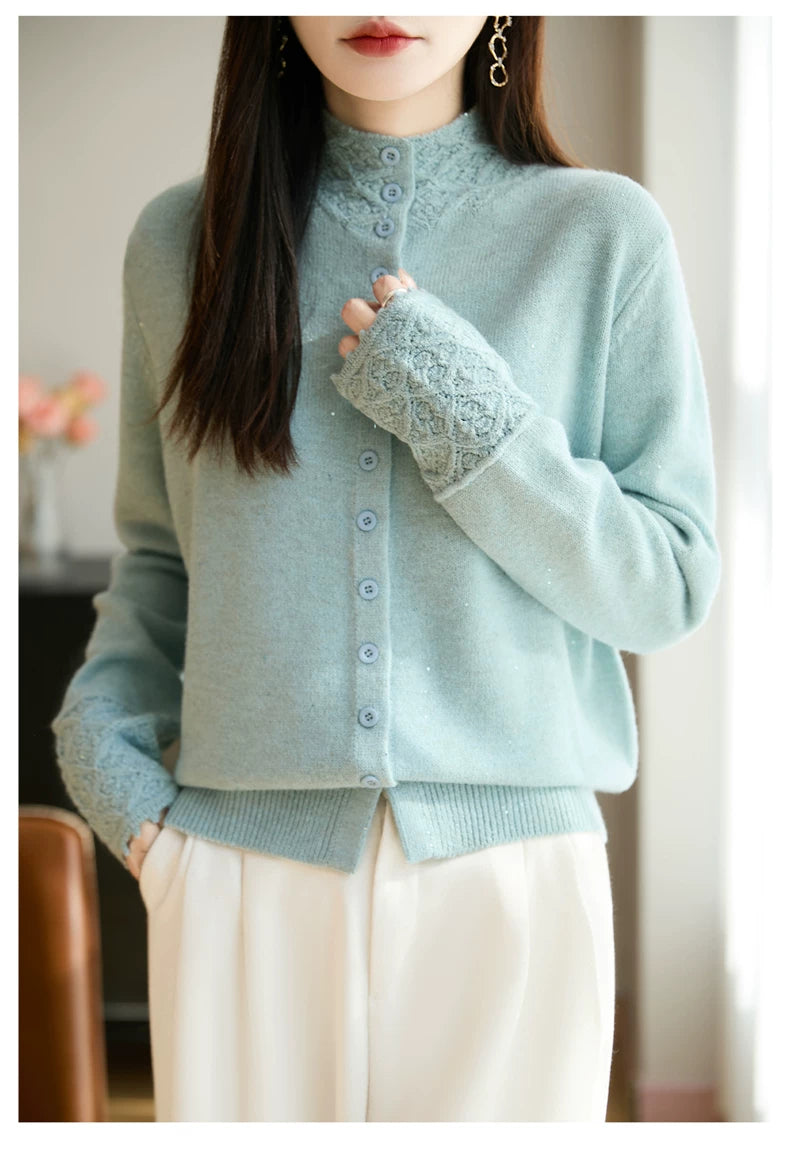 Soft Knit Cardigan with Lace Trim & Shiny Flecks