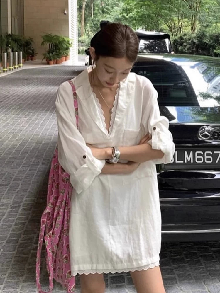 Linen-Look Tunic with Eyelet Lace Trim & Patch Pockets