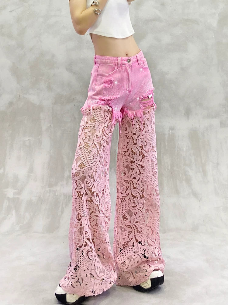 Lace-Embellished High-Waisted Wide-Leg Jeans