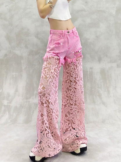 Lace-Embellished High-Waisted Wide-Leg Jeans