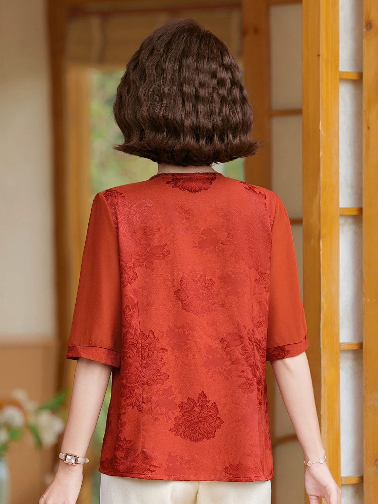 Silk Short-Sleeve Blouse Set in Classic Colors