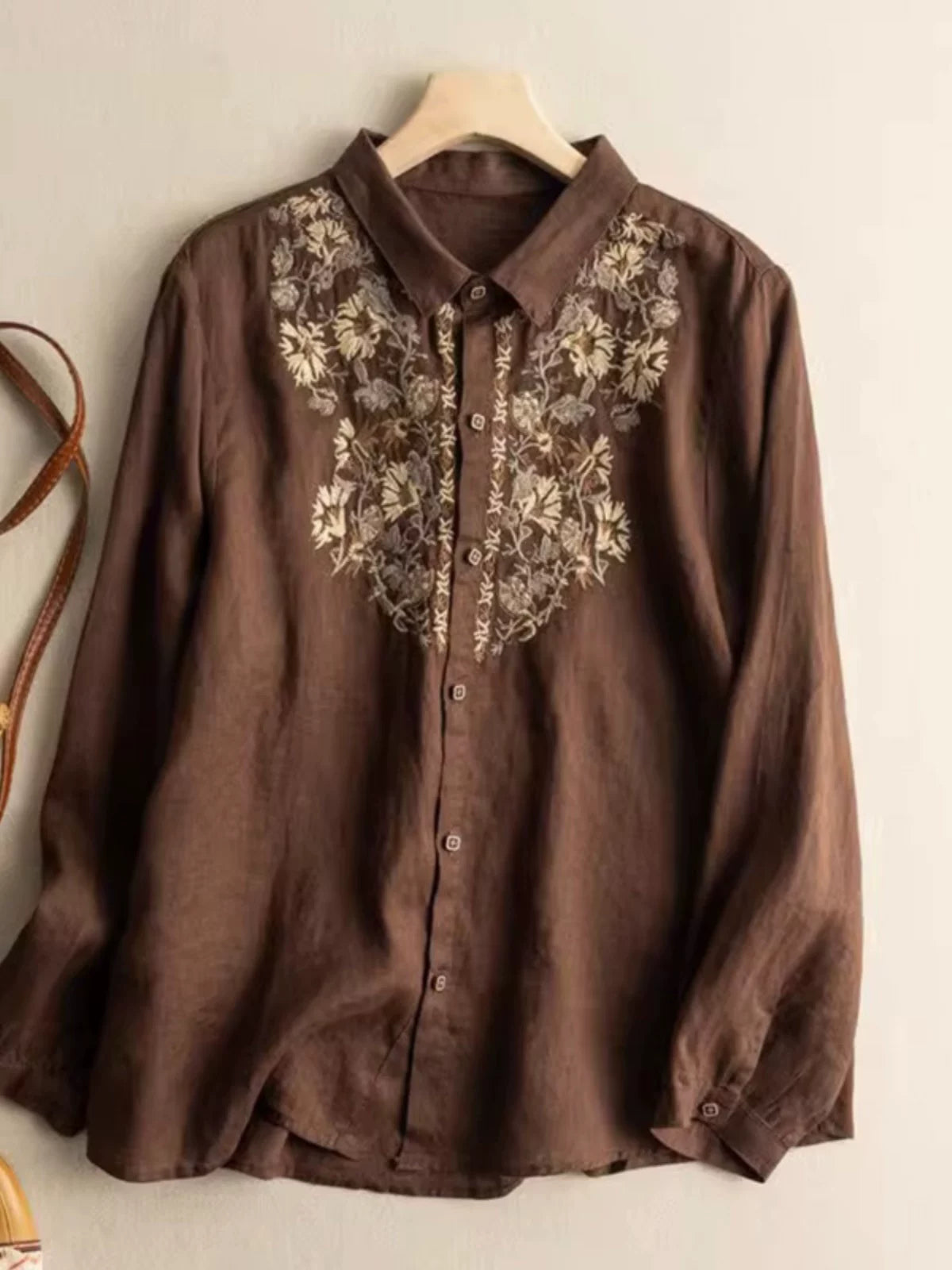 Embroidered Cotton-Linen Blouse with Shirt Collar