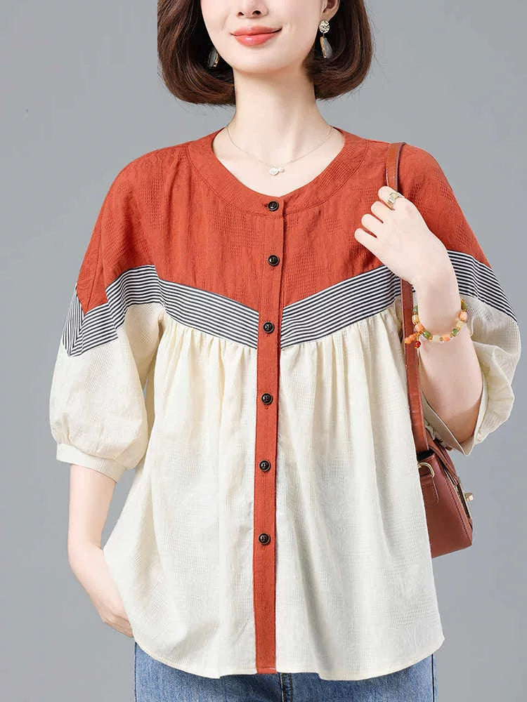 100% Cotton Color-Block Button Top with Striped Trim