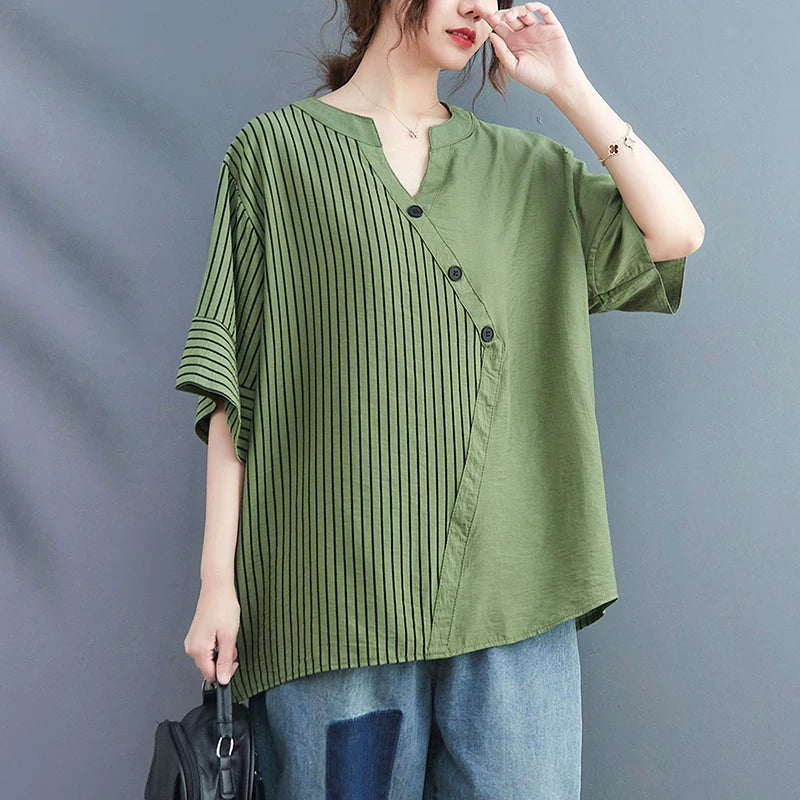 Asymmetrical Striped-Solid Panel Top in Cotton-Linen Blend
