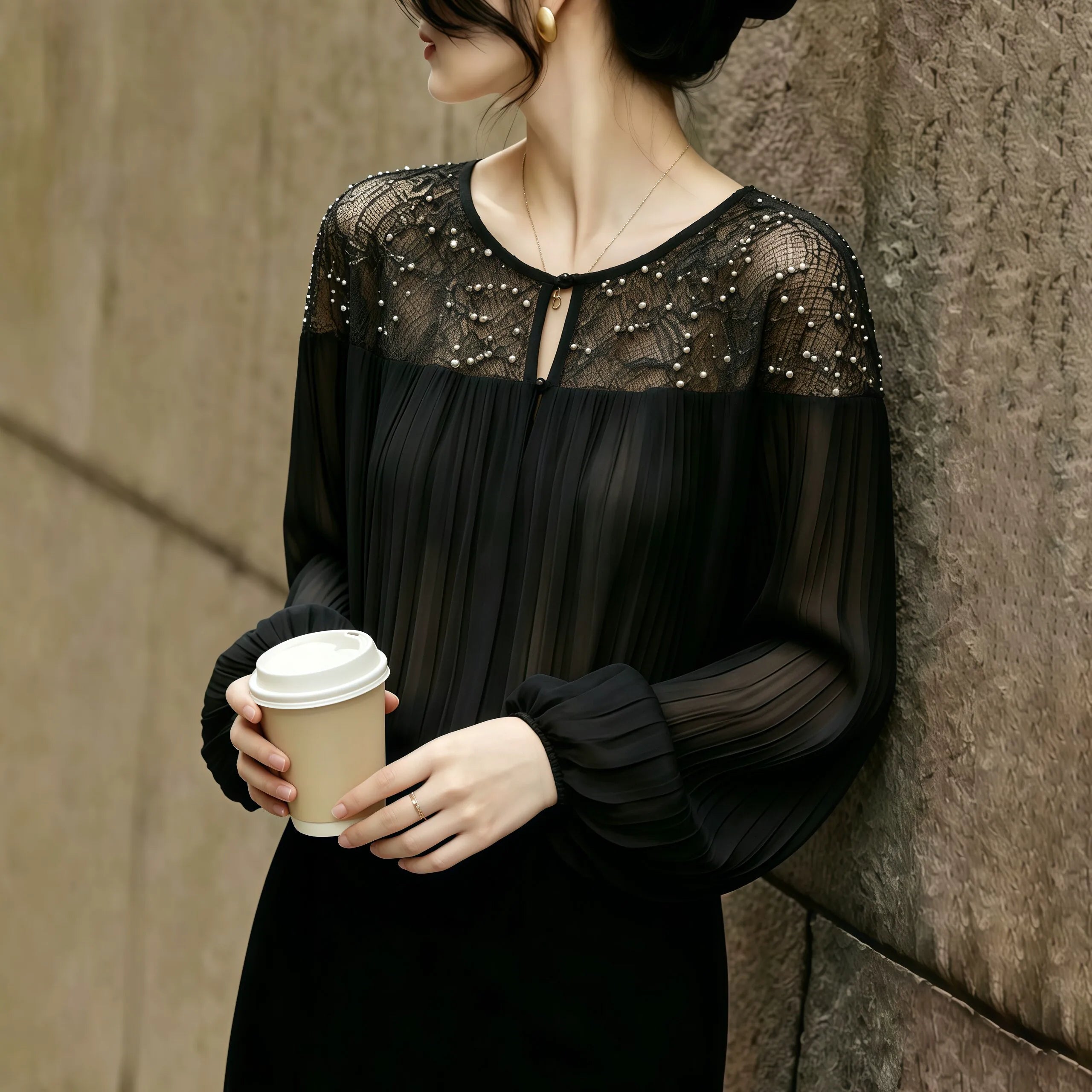 Black Lace-Overlay Top with Pearl-Beaded Yoke