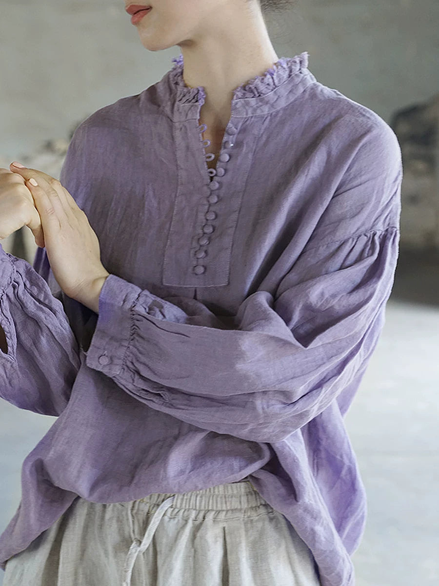 French Style Linen Top with Small Stand Collar
