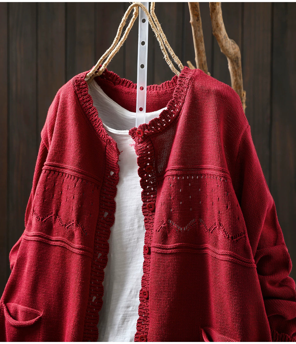 Soft Knit Cardigan with Openwork Panels & Ruffles