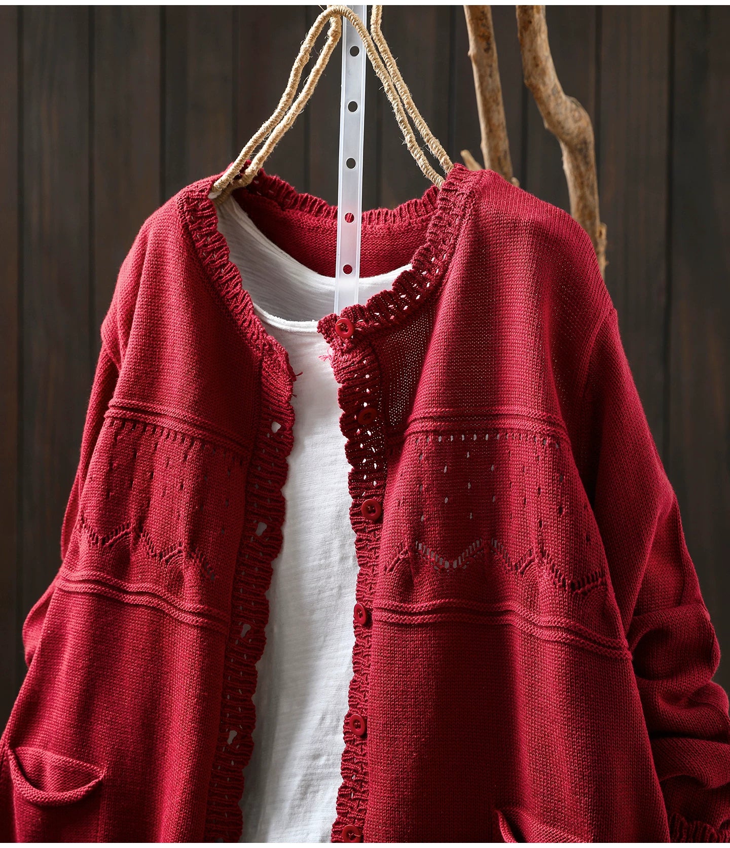 Soft Knit Cardigan with Openwork Panels & Ruffles