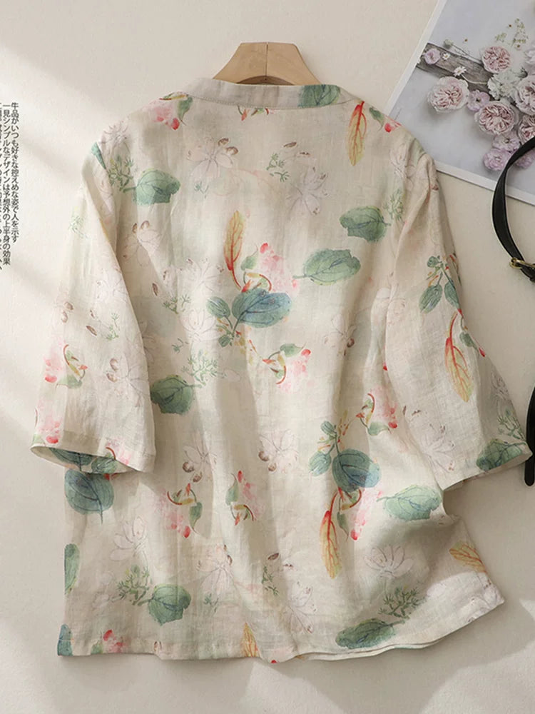 Floral Print Cotton Linen Three Quarter Sleeve Shirt