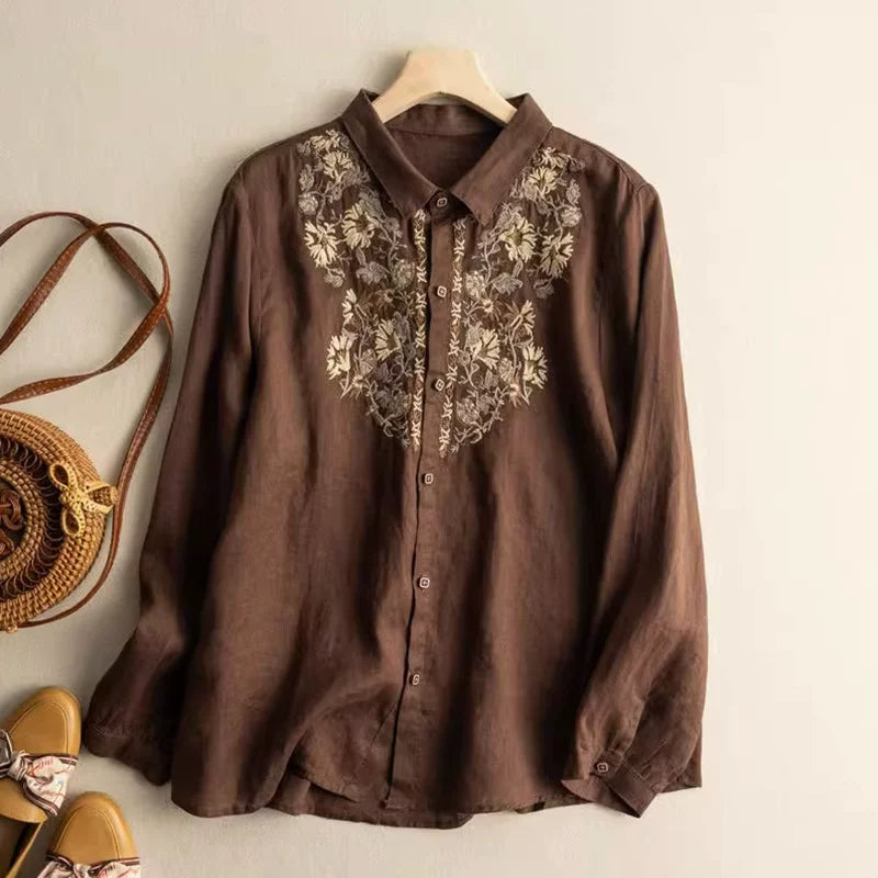 Embroidered Cotton-Linen Blouse with Shirt Collar
