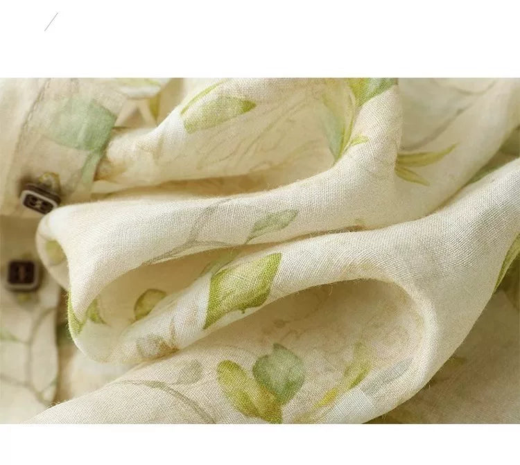 Floral Print Cotton Linen Three Quarter Sleeve Shirt