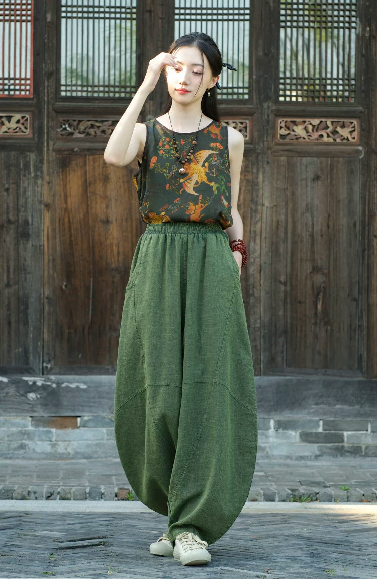 Balloon-Leg Cotton-Linen Pants with Elastic Waist