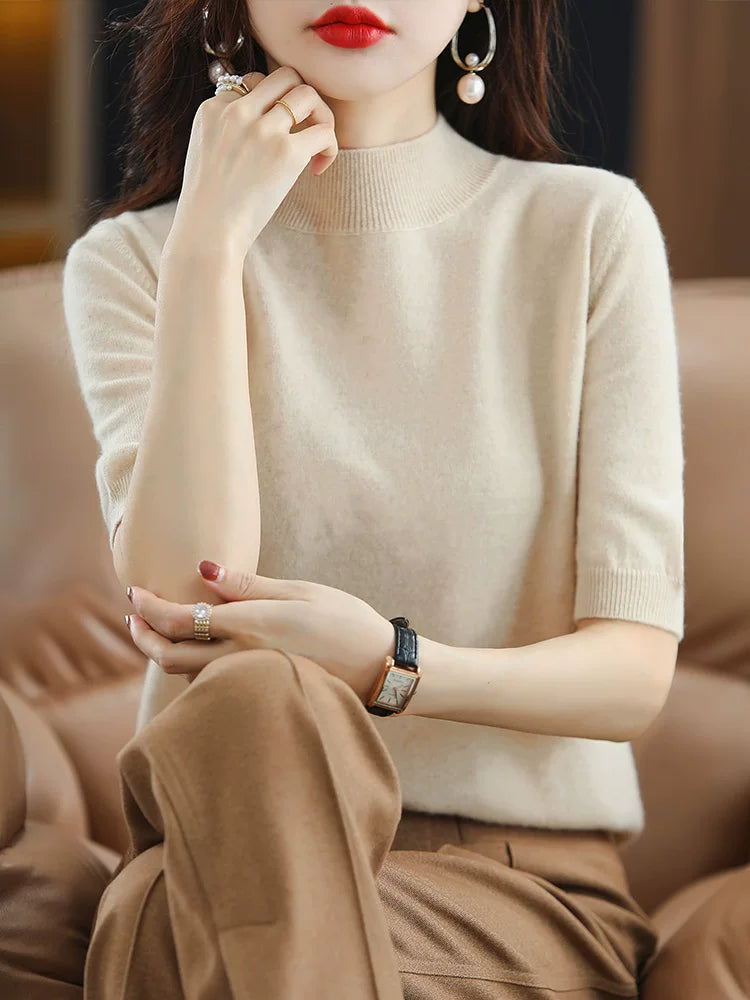 Relaxed Knit Top with Small Stand Collar & Elbow Sleeves