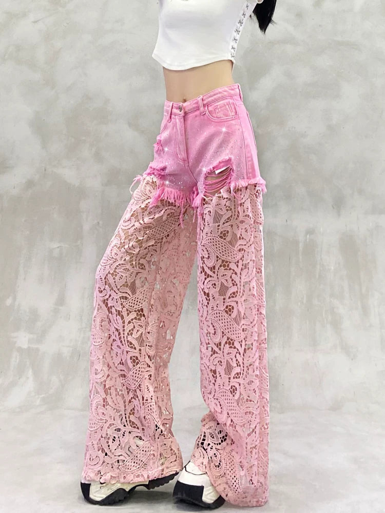Lace-Embellished High-Waisted Wide-Leg Jeans
