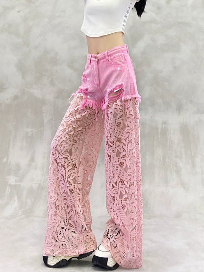 Lace-Embellished High-Waisted Wide-Leg Jeans