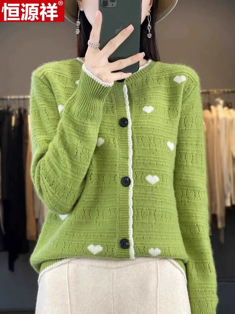 Heart-Motif Wool-Like Knit Cardigan, Relaxed Hip-Length