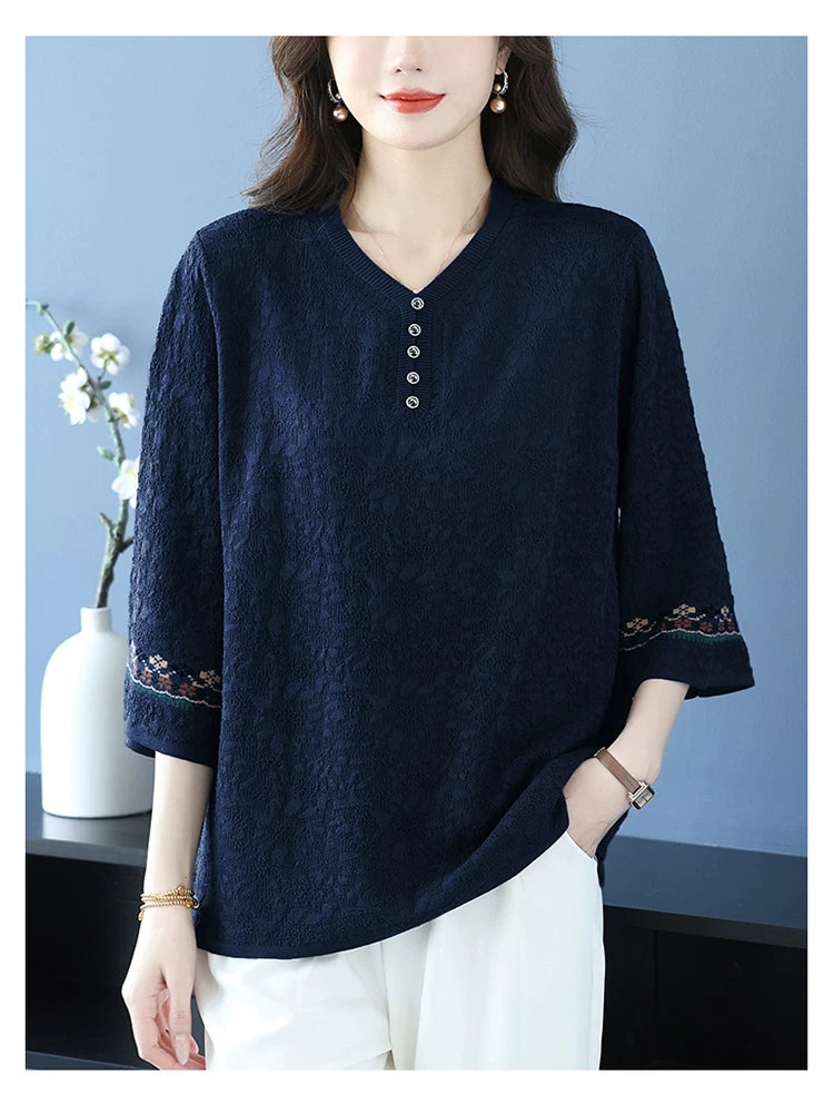 Textured Woven Blouse with Embroidered Cuffs