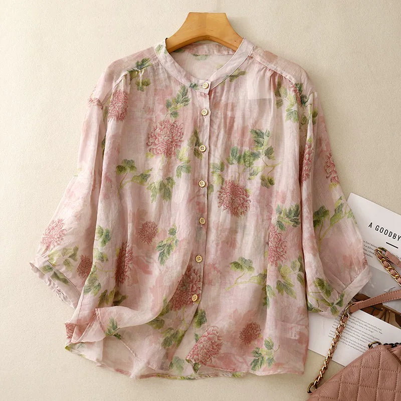 Floral Print Cotton Linen Three Quarter Sleeve Shirt