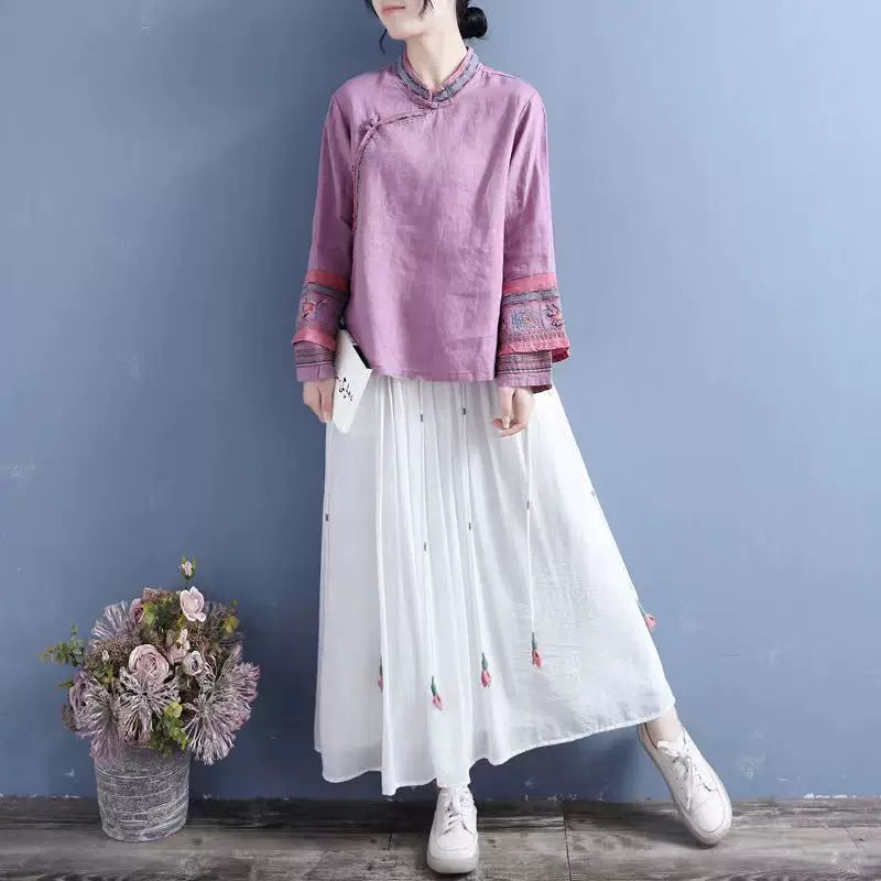 Embroidered Long Sleeve Shirt, Cotton Linen, Rounded Neckline