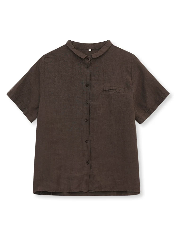 100% Linen Button-Front Top with Small Stand Collar