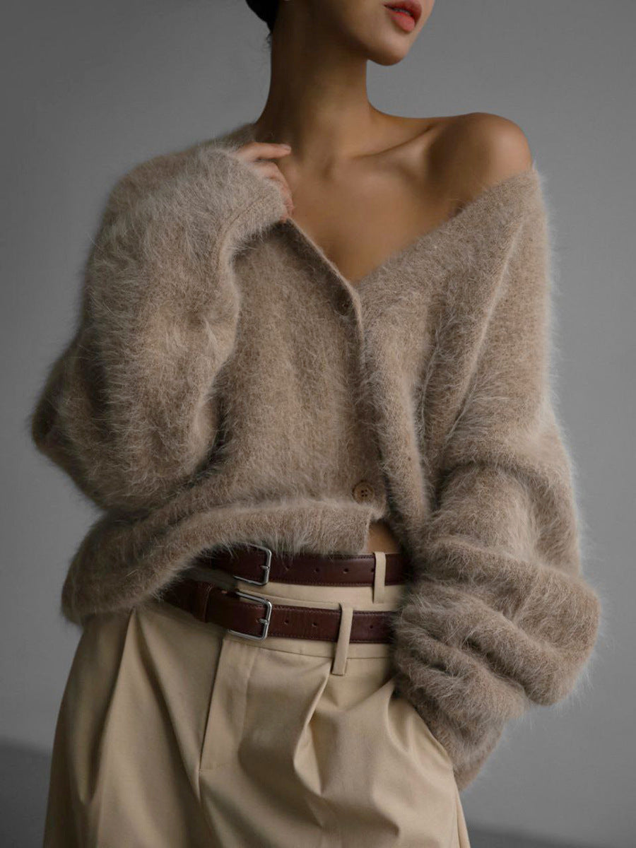 Acrylic Fuzzy Knit Cardigan, V-Neck Open Front, Relaxed Oversized
