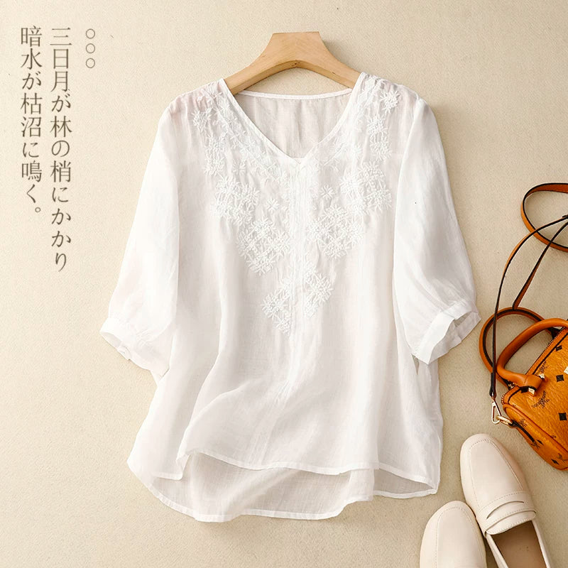 Embroidered Cotton Linen Three Quarter Sleeve Shirt