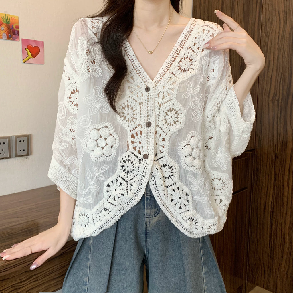 Crochet-Overlay Cardigan with V-Neck Button Front