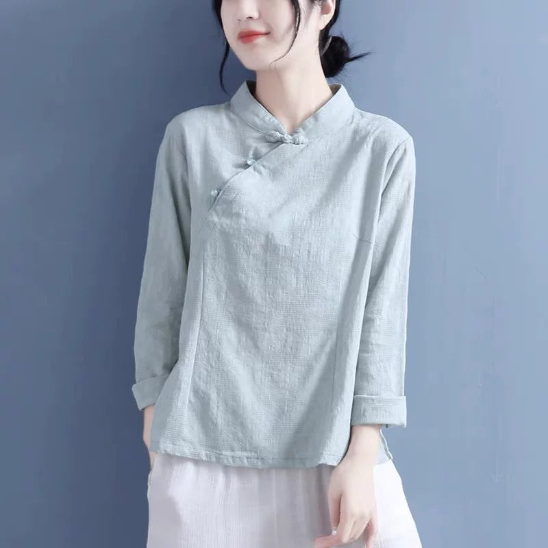 Cotton Linen Long Sleeve Shirt with Decorative Knot Detail