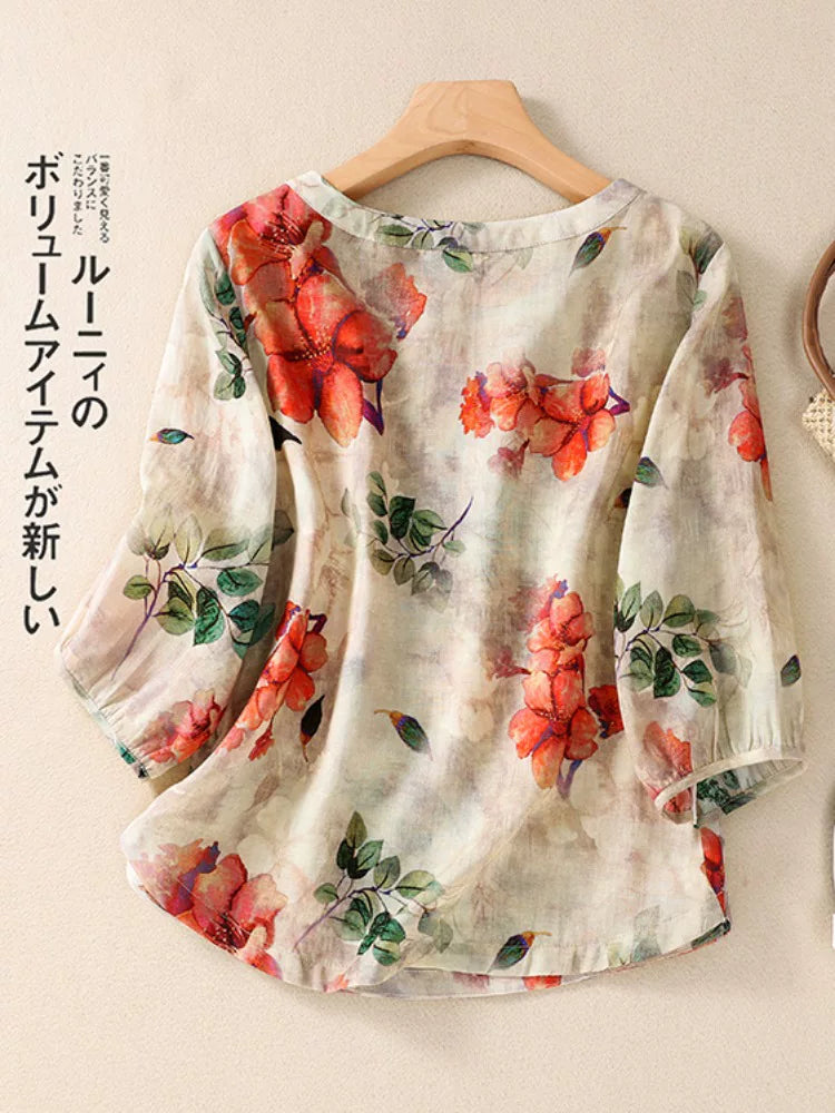 Floral Print Shirt with Three Quarter Sleeves, Cotton Linen