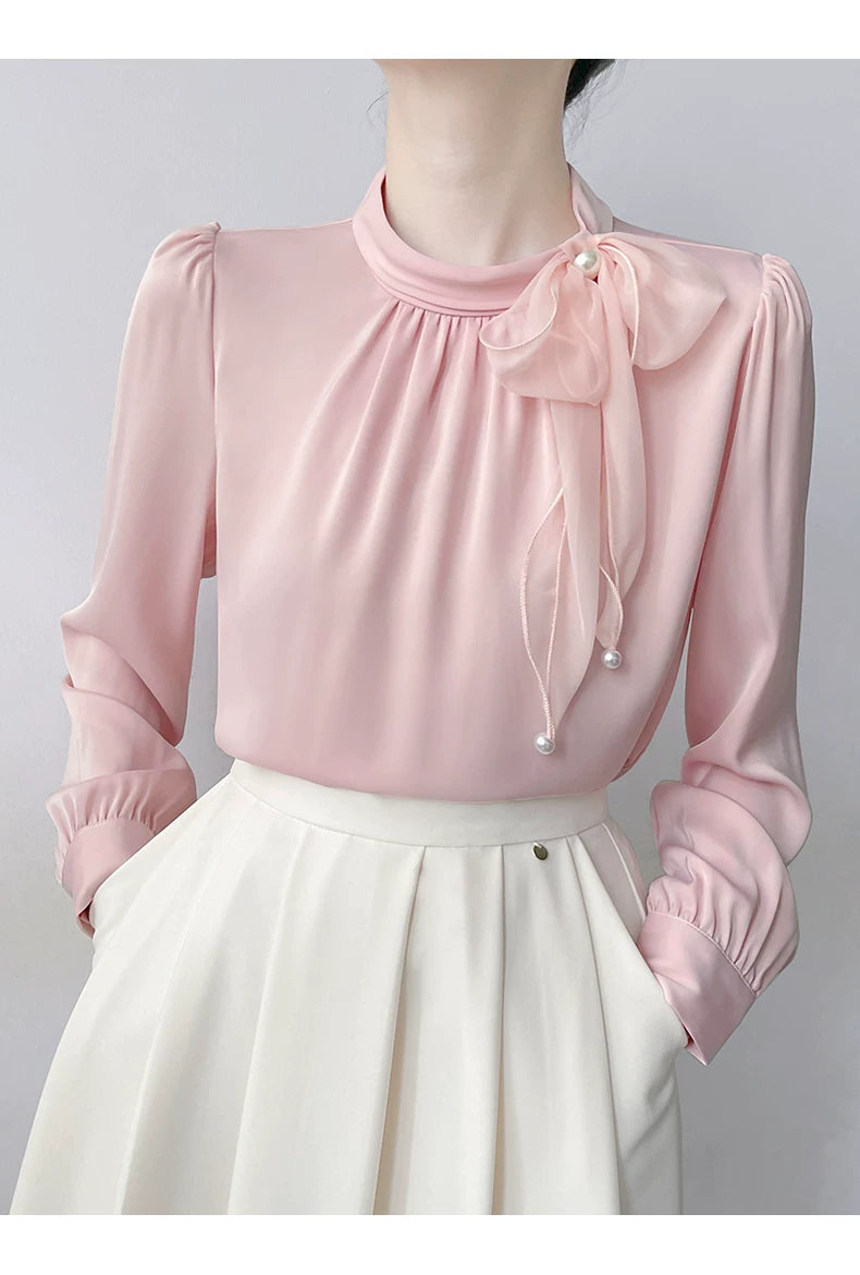Relaxed Blouse with 3D Bow & Pearl Tie Detail