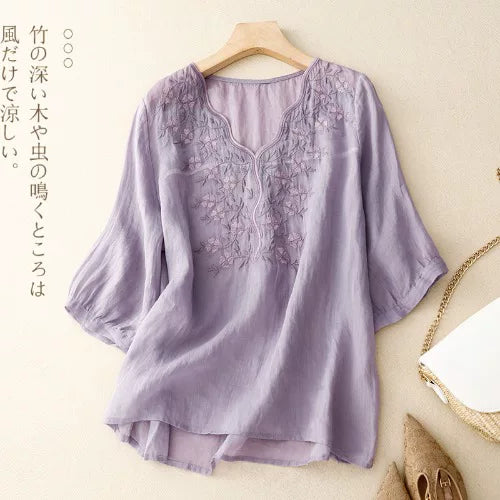 Embroidered Three Quarter Sleeve V-Neck Shirt